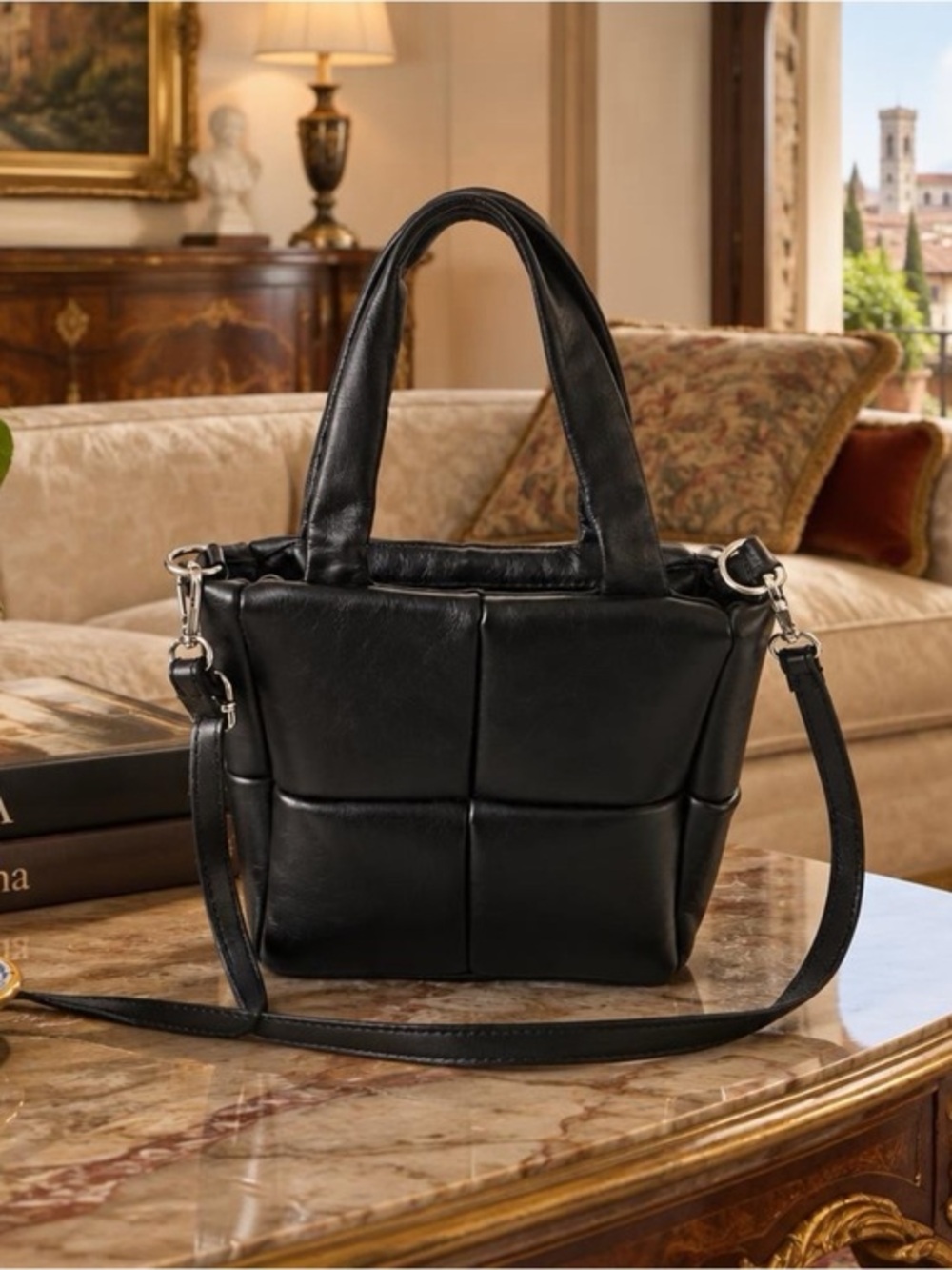 Laura Di Maggio Italian Leather Black Quilted Handbag